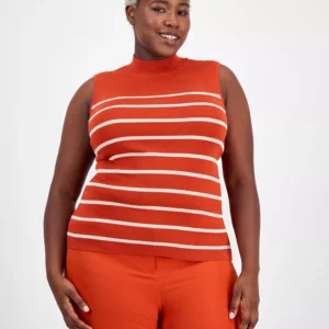 Plus Size Striped Mock-Neck Sleeveless Sweater