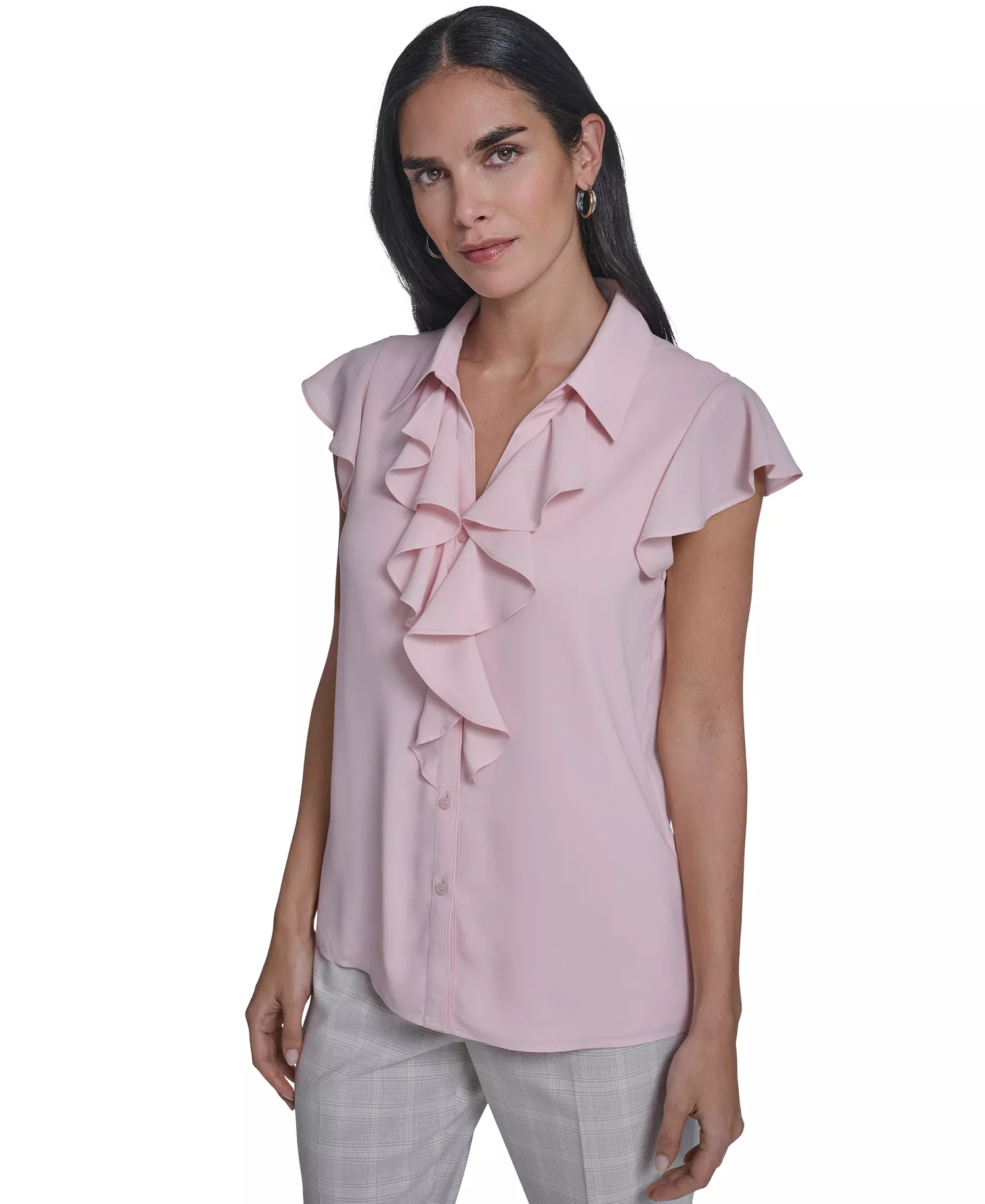 mni-b45a8d8e4cfe4cda5a4e843cc9b1249c Women's Solid Cap-Sleeve Ruffle Front Top