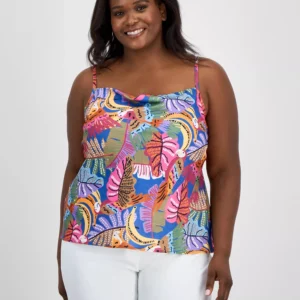 Plus Size Printed Satin Draped-Neck Camisole Top