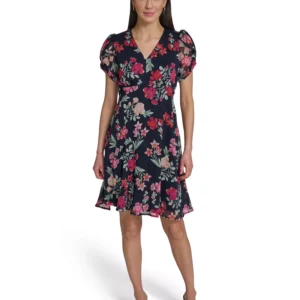 Women's Puff-Sleeve Printed V-Neck Chiffon Dress