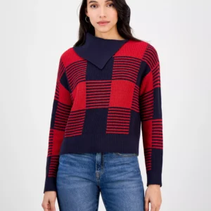 Nautica Women's Buffalo Plaid Asymmetrical-Neckline Sweater