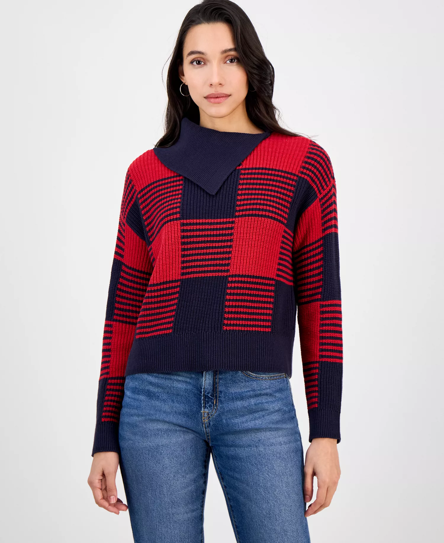 mni-b738bf3895f9bc0f02d8f1a67a9fb5e4 Nautica Women's Buffalo Plaid Asymmetrical-Neckline Sweater