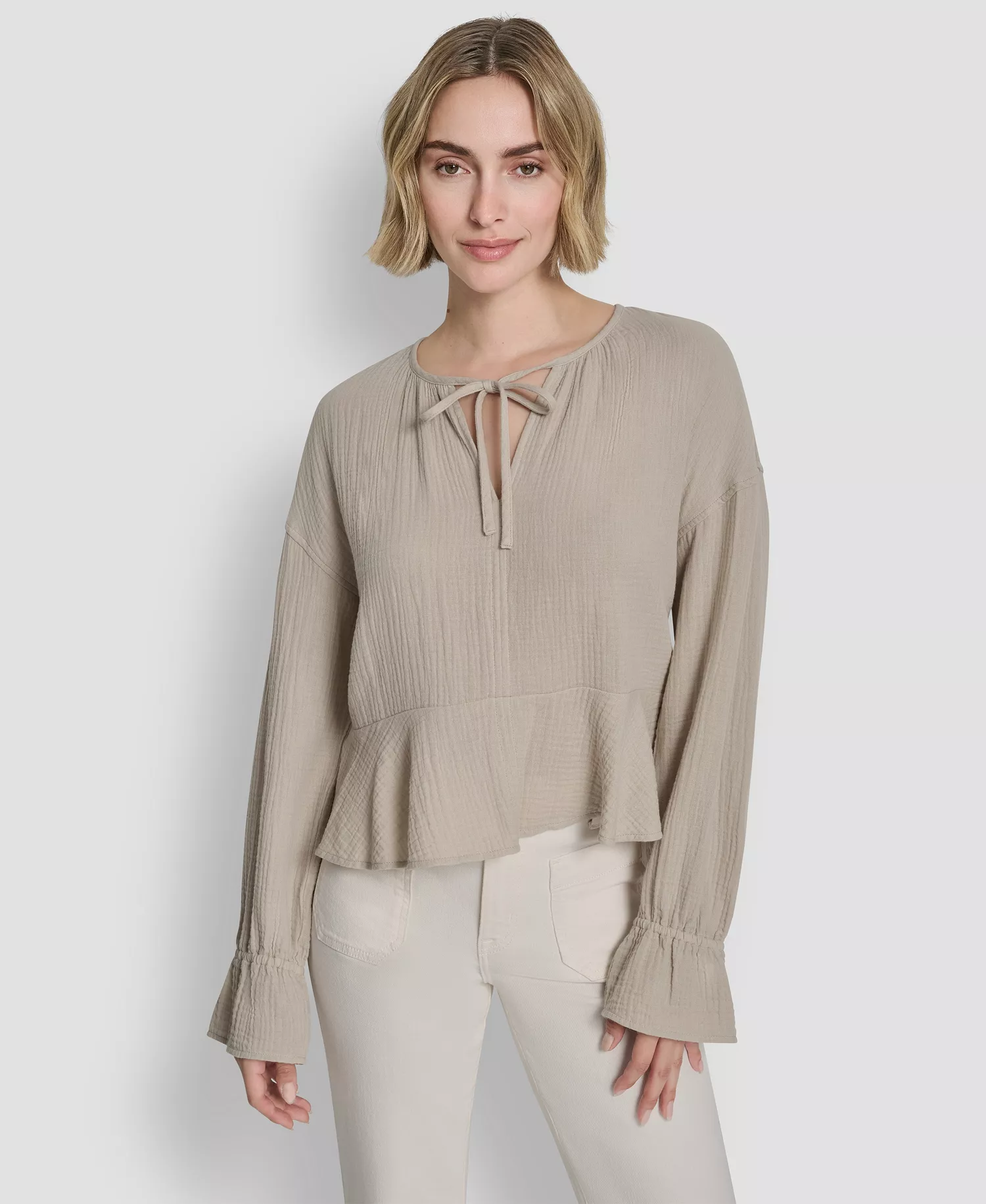 mni-b76a9052e6da1afa1131ec296a2ab271 Women's Long-Sleeve Double Crepe Gauze Tie Neck Crop Top