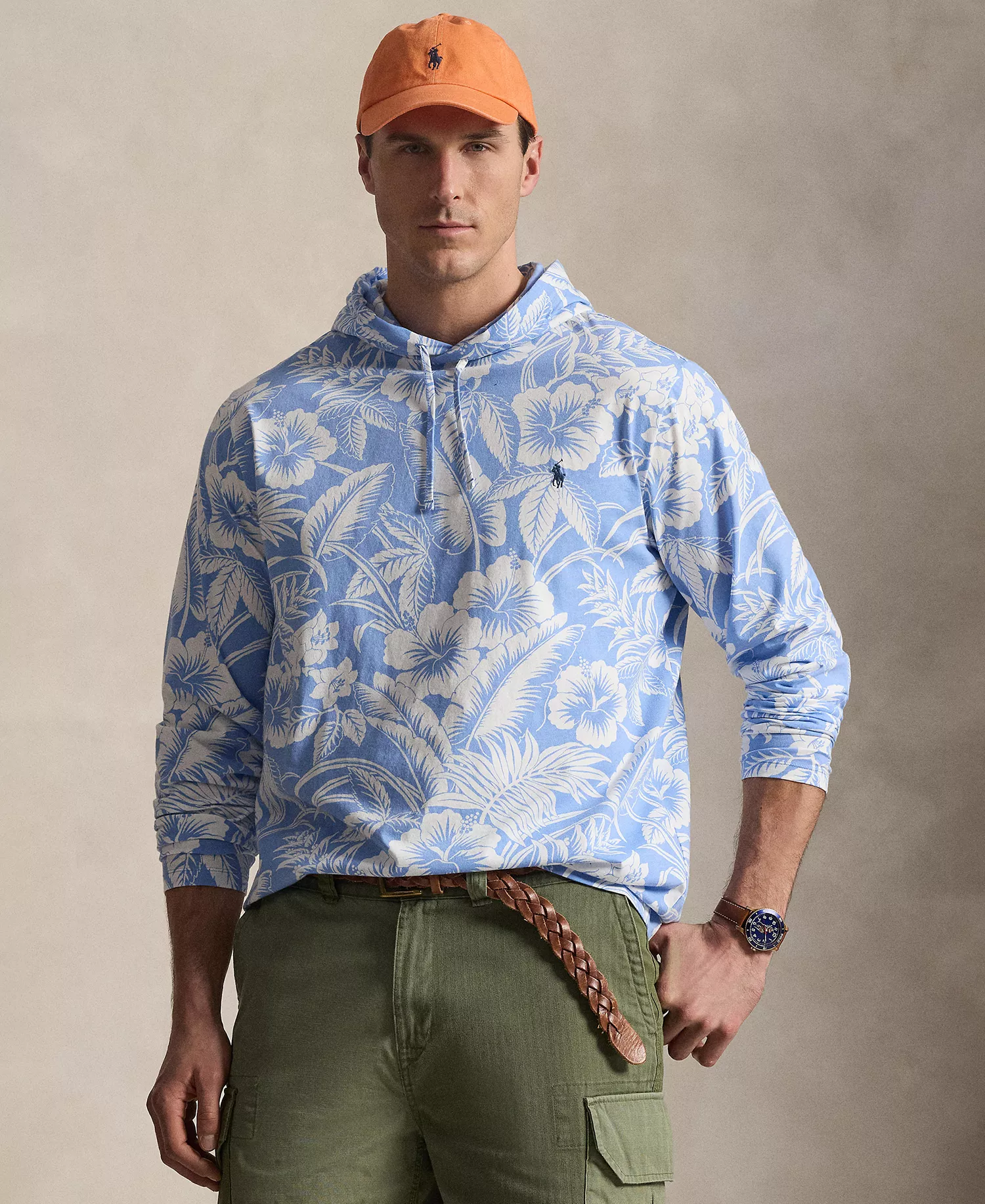 mni-b7cc95474efccd7ff046ac0127423518 Men's Big & Tall Tropical Print Hooded T-Shirt