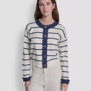Petite Denim Fringe Crewneck Striped Cardigan