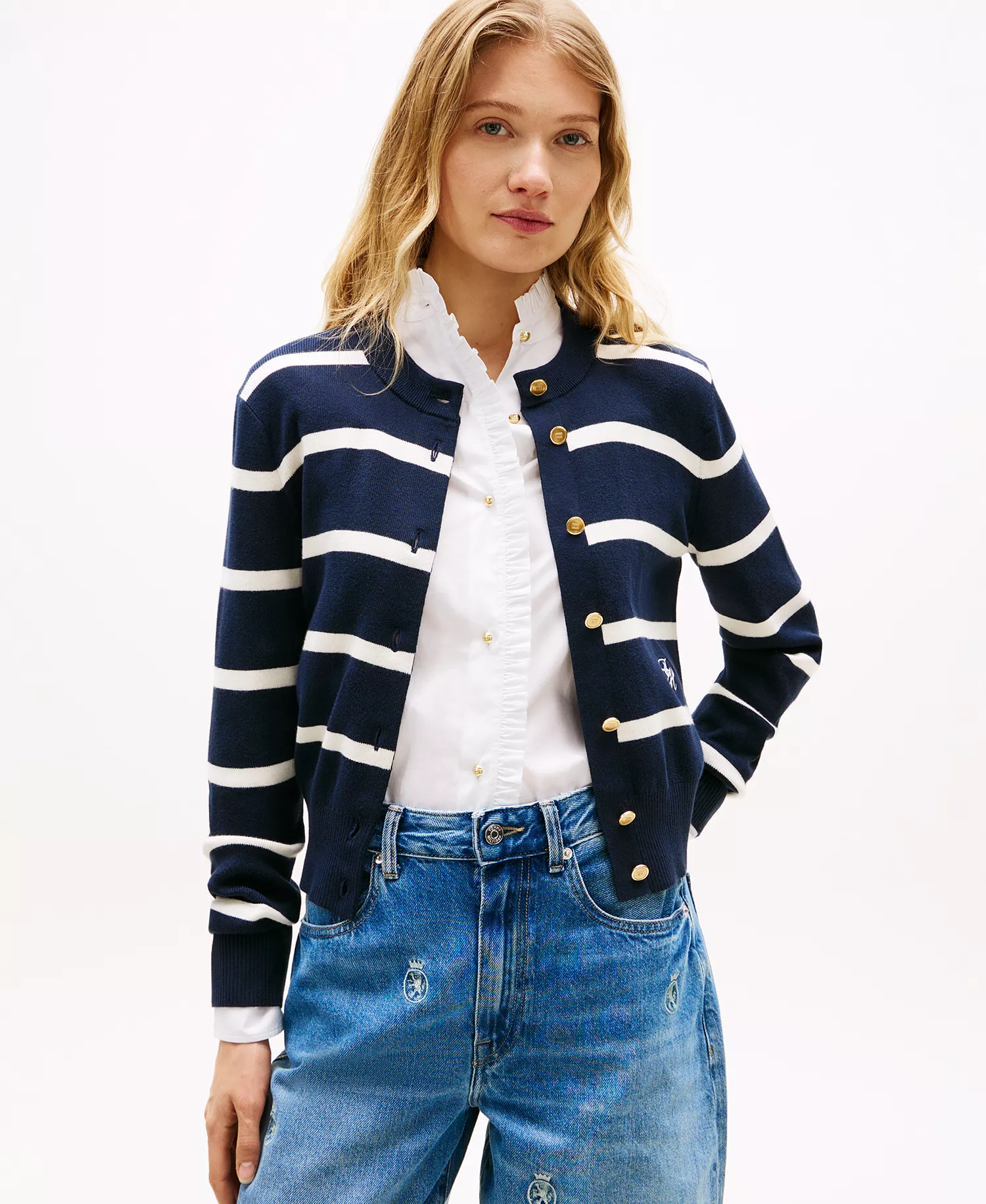 mni-b90842219b8943bd1366863fb2caf736 Women's Monogram Script Striped Cardigan