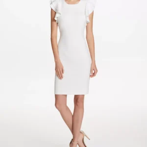 Women's Scuba Sheath Dress With Flutter Sleeves