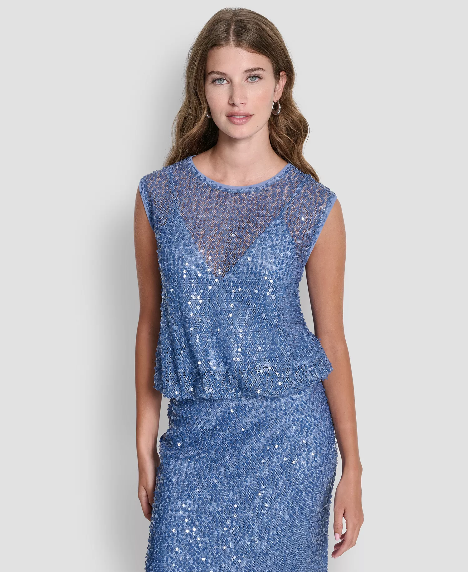 mni-bbbf2387aea0250996d20982dfbddca6 Women's Sleeveless Bubble Hem Sequin Knit Top