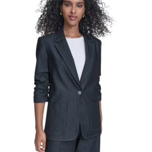 Women's Faux Denim 3/4-Sleeve Jacket, Denim Wide Leg Pants, and Textured Short-Sleeve Sweater
