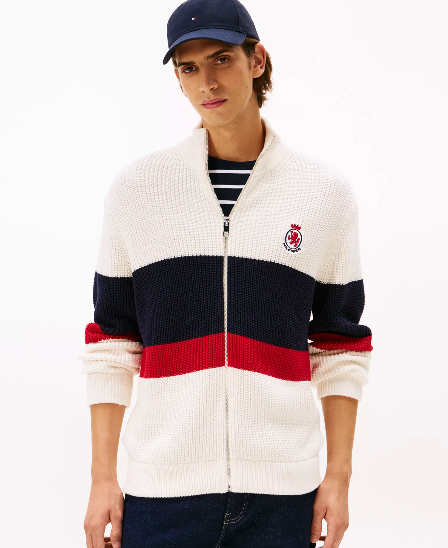 mni-bd48c0f77af089bf5ce2d2d1d45691a2 Men's Crest Logo Patch Zip-Through Stripe Sweater