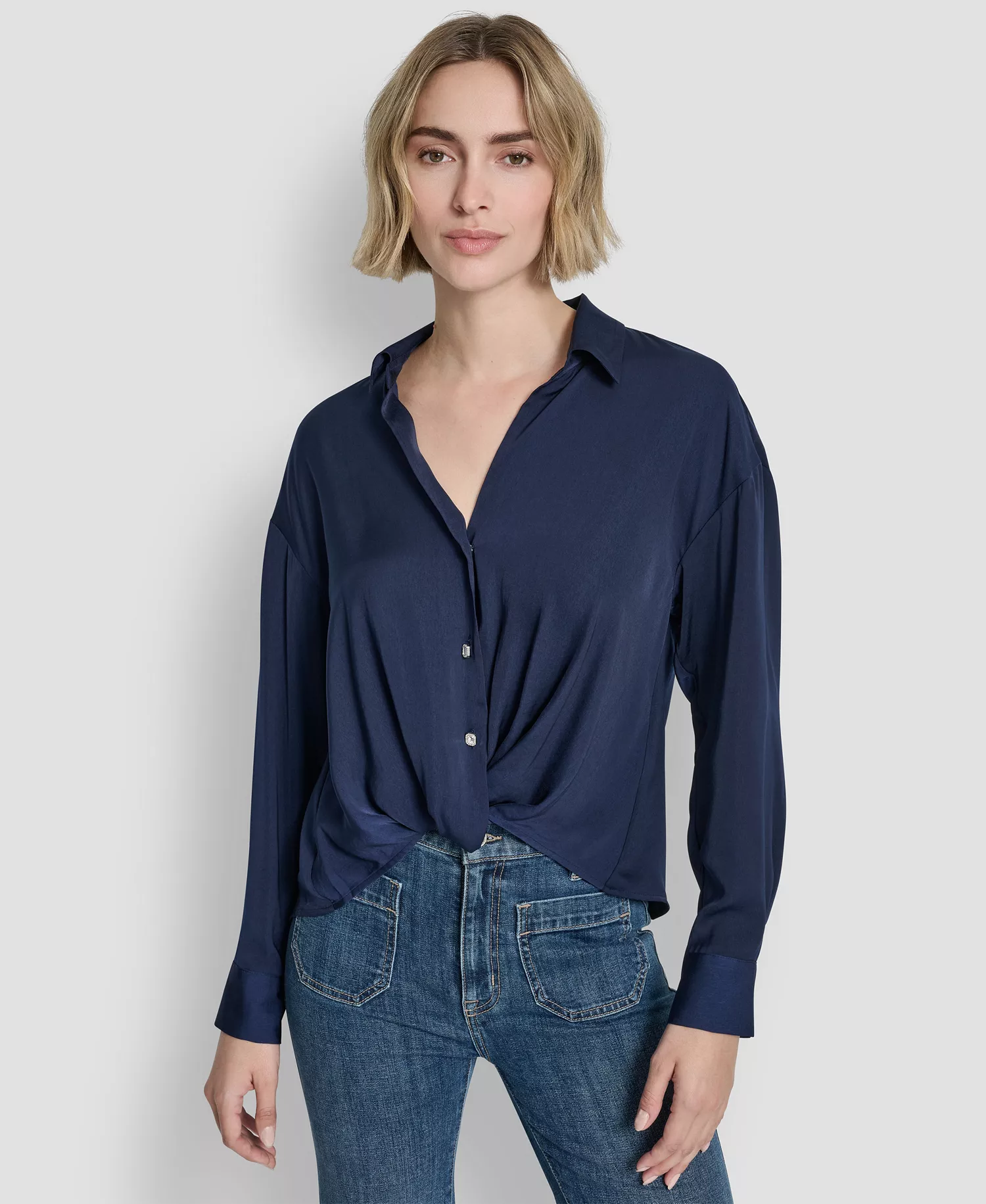 mni-be5970fe7748ffeff62a6a49efa80379 Women's Long-Sleeve Rhinestone Button-Front Shirt With Twist Hem