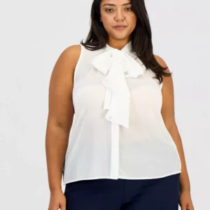 Plus Size Sleeveless Ruffled Bow Blouse