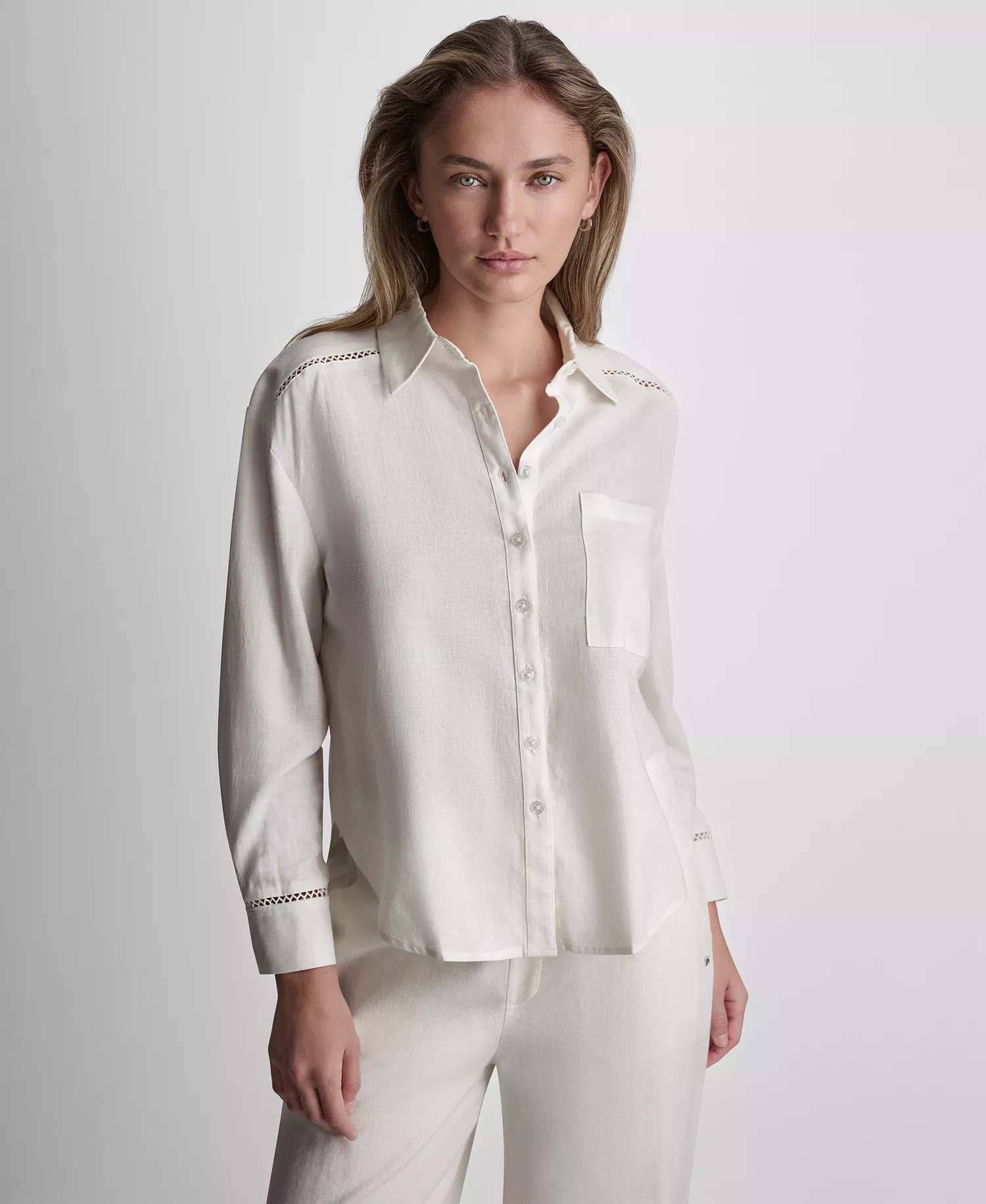 mni-beb579240ac677af84caea38abf1c015 Petite Linen-Blend Long-Sleeve Button-Front Shirt