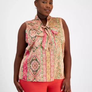 Plus Size Printed Sleeveless Bow Blouse