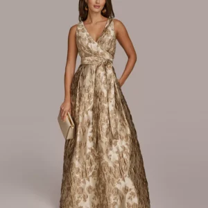 Petite Sleeveless Metallic Brocade V-Neck Ball Gown