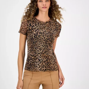 Women's Leopard-Print Short-Sleeve Mesh Top, Macy Exclusive