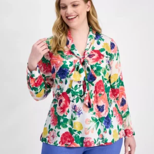 Plus Size Floral Print Tie-Neck Blouse