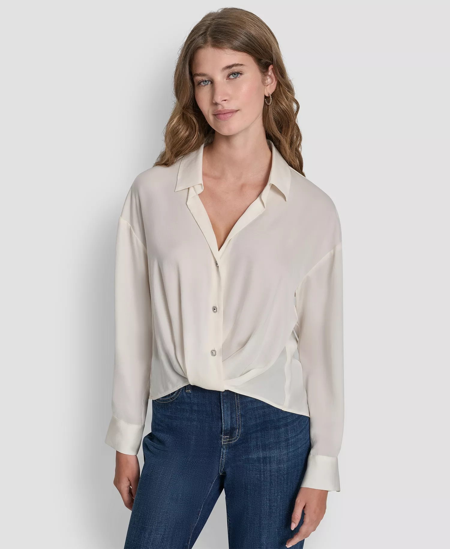 mni-c253204dc9a1166a22579a0b8bf95484 Women's Long-Sleeve Rhinestone Button-Front Shirt With Twist Hem — изображение 4