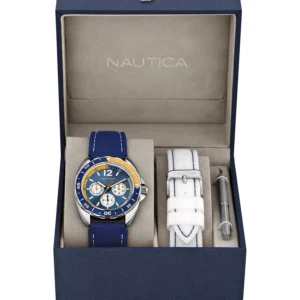 Men's N09915G Sport Ring Multifunction Navy Resin Strap Watch Box Set with White Resin Strap