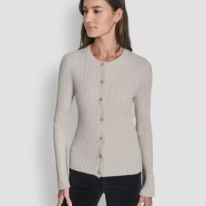 Women's Long-Sleeve Flare Ribbed Rhinestone Button Cardigan Sweater