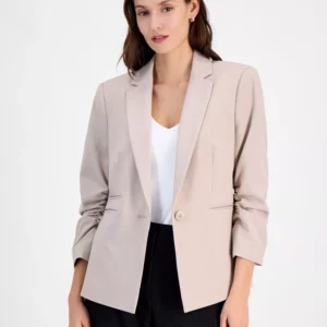 Tahari Women's Long-Sleeve Bow-Neck Blouse, Ruched Sleeve Blazer & Flare-Leg Pants