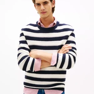 Men's Crewneck Crochet Block Stripe Sweater