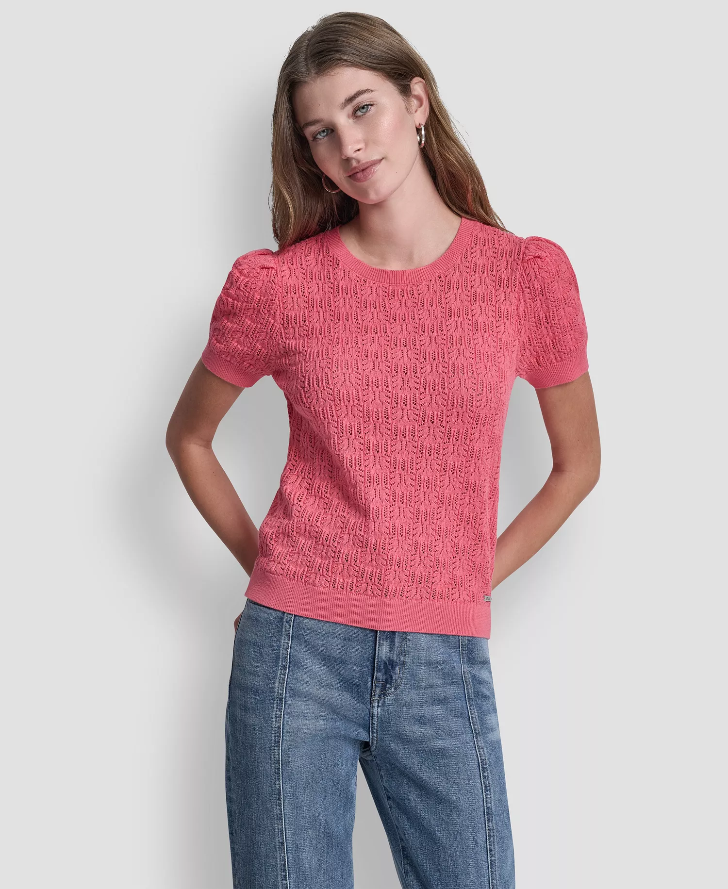 mni-c602cfa0e46e0b25fa6e047dc00e88c2 Women's Short Sleeve Crew Neck Lace Pointelle Sweater
