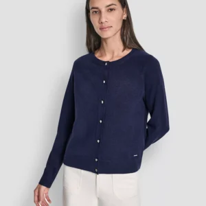Petite Long-Sleeve Crew Neck Cardigan