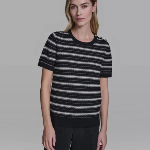 Women's Striped Crew Neck Pointelle Sweater