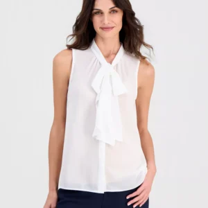 Petite Sleeveless Ruffle Bow Tie Blouse