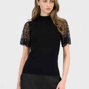 Women's Beaded-Sleeve Mock Neck Sweater