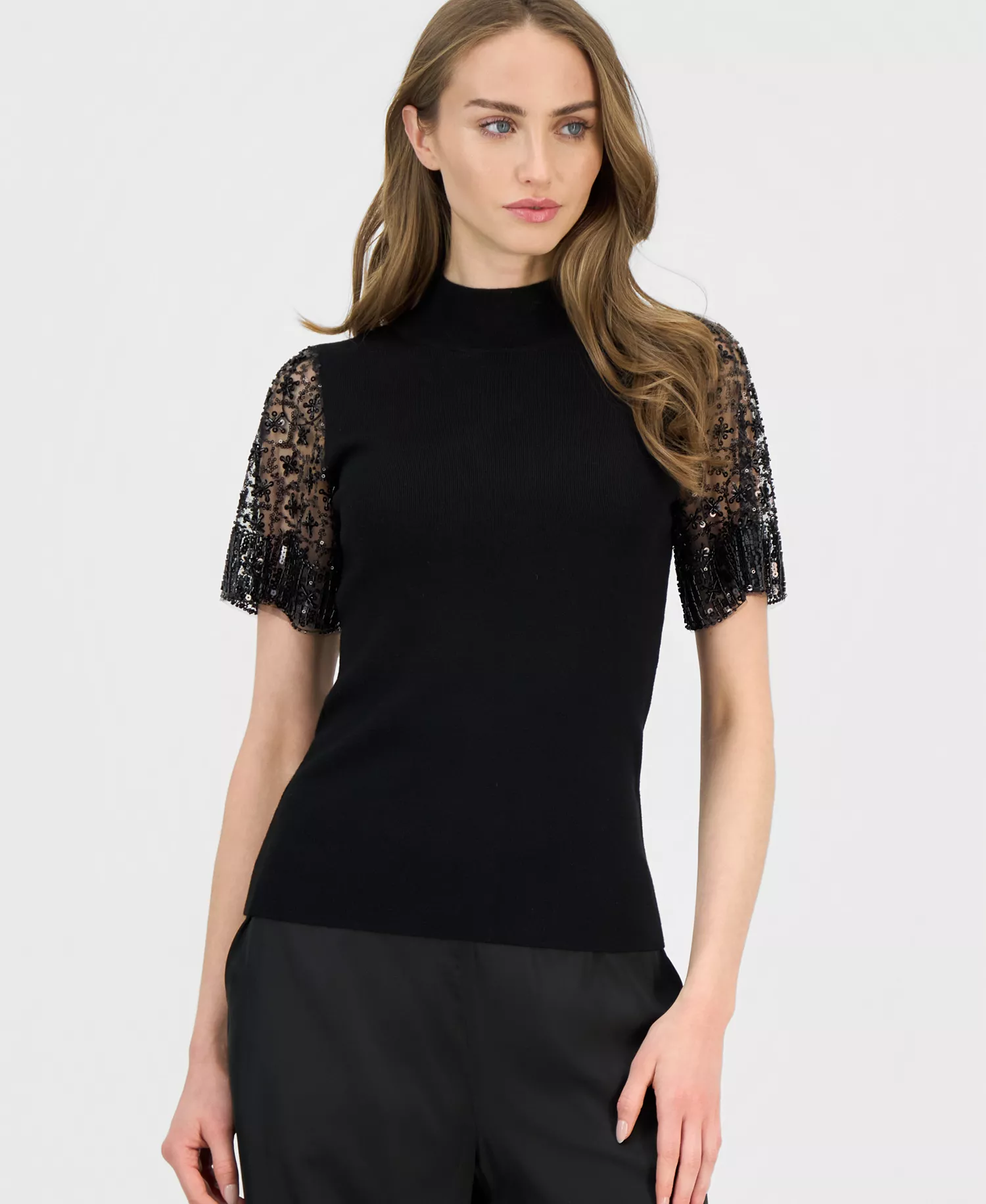 mni-c83d54fb4b894983f491eb2ae528c3a8 Women's Beaded-Sleeve Mock Neck Sweater