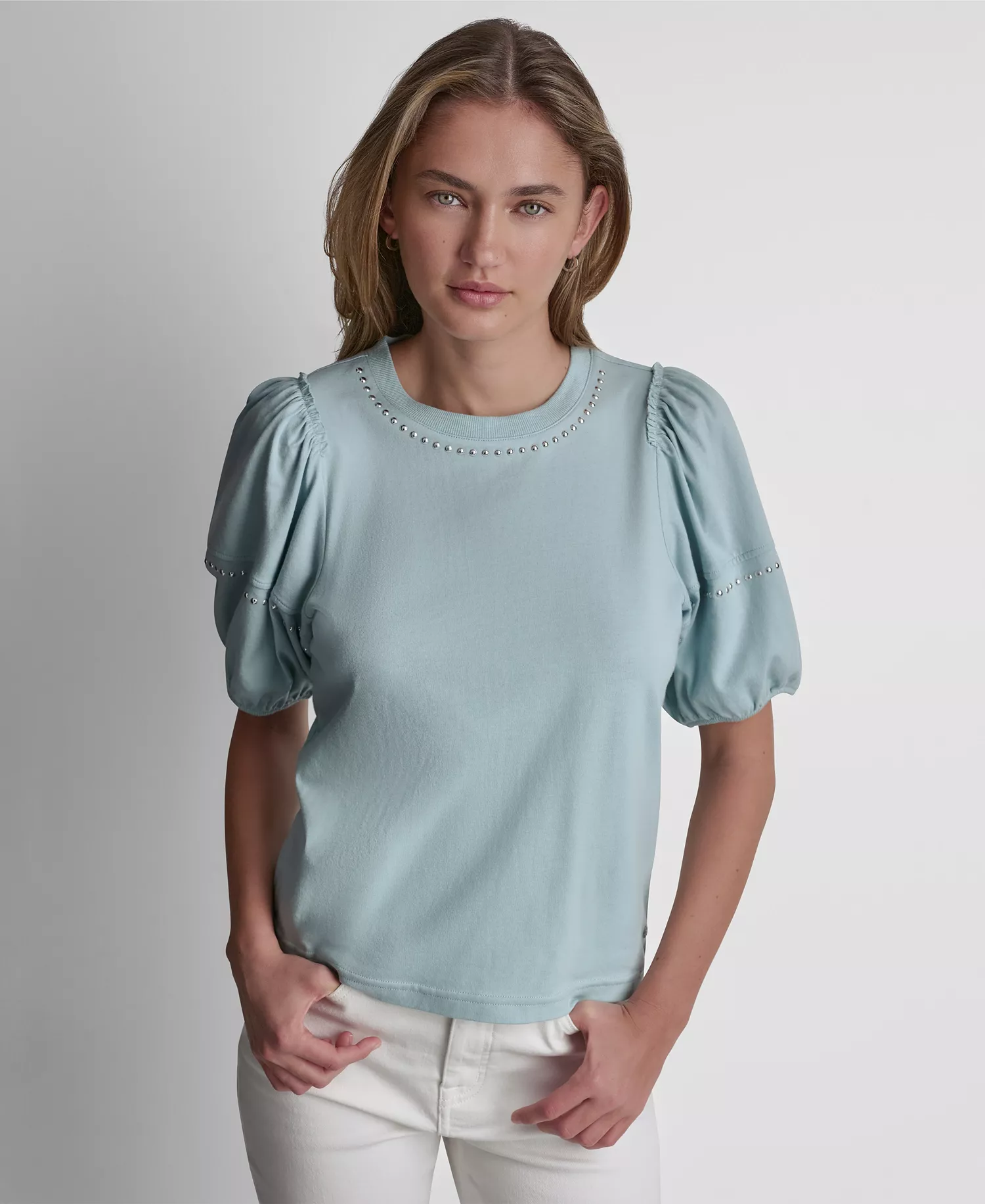 mni-c878a495f362164bccc4b62f68d1dfeb Petite Dome Studs Mini Ruffle Puff-Sleeve Crewneck T-Shirt