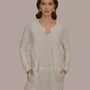 Women's Pointelle Stitch Open-Front Cotton Cardigan