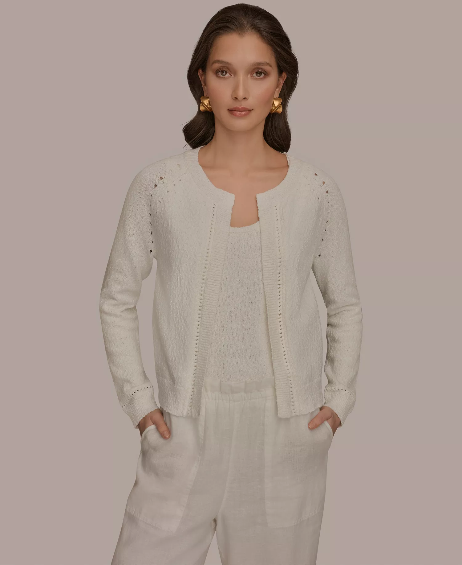 mni-c87b4dd72f5167975e5b0a1aa19d0ce1 Women's Pointelle Stitch Open-Front Cotton Cardigan