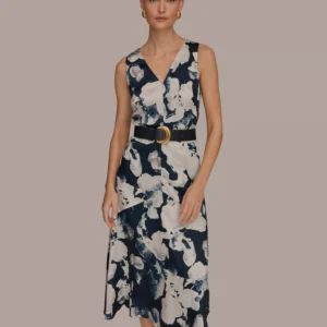 Women's Printed V-Neck Midi Dress