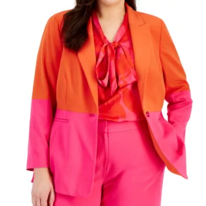 Plus Size Color-Blocked Boyfriend Blazer, Printed Blouse & Wide-Leg Pants