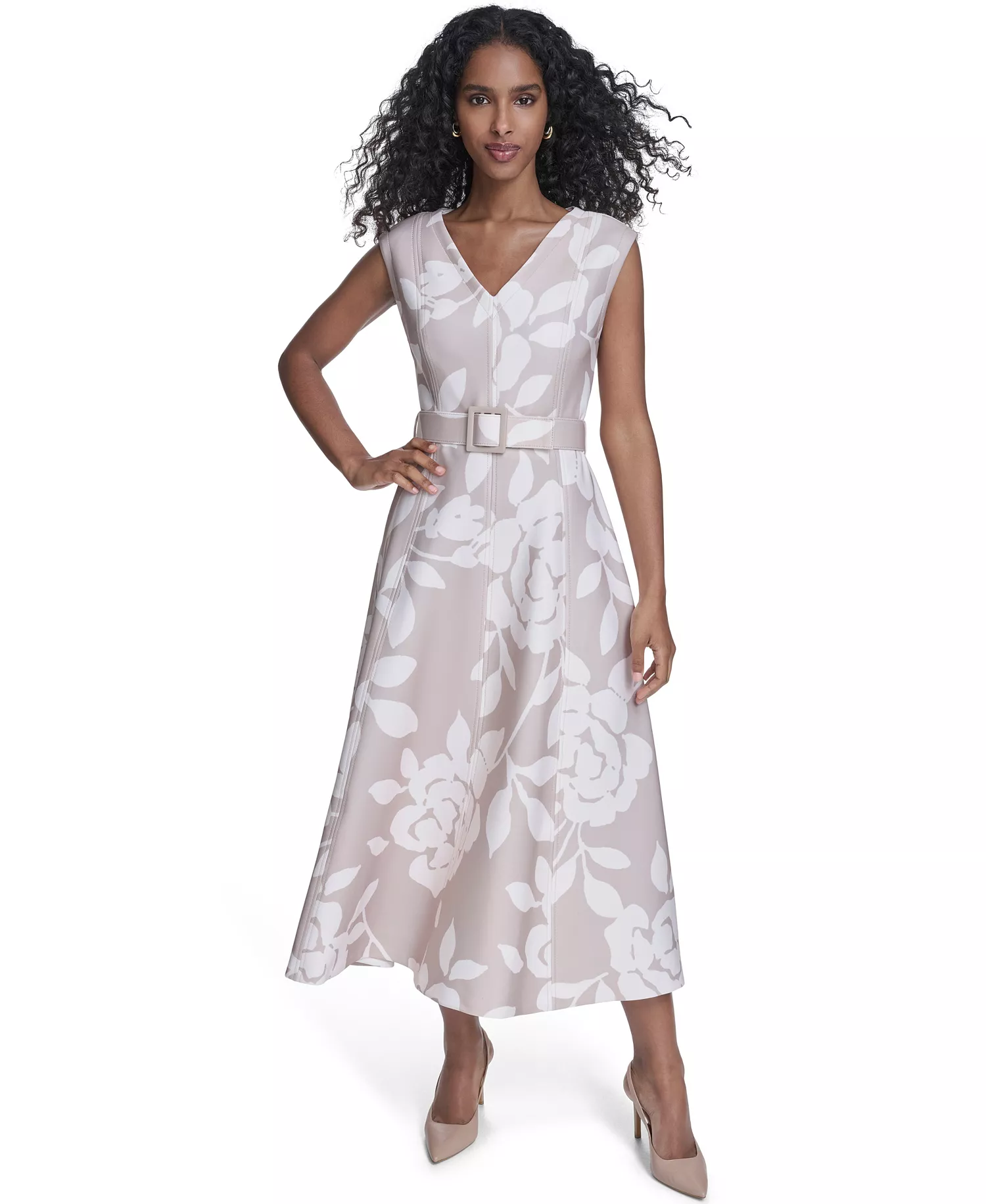 mni-cb5c7005c9578051f4541dcc1d30d337 Women's Scuba Belted V-Neck Midi Dress
