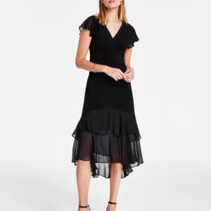 Women's V-Neck Chiffon-Trim Midi Dress with Flutter Sleeves