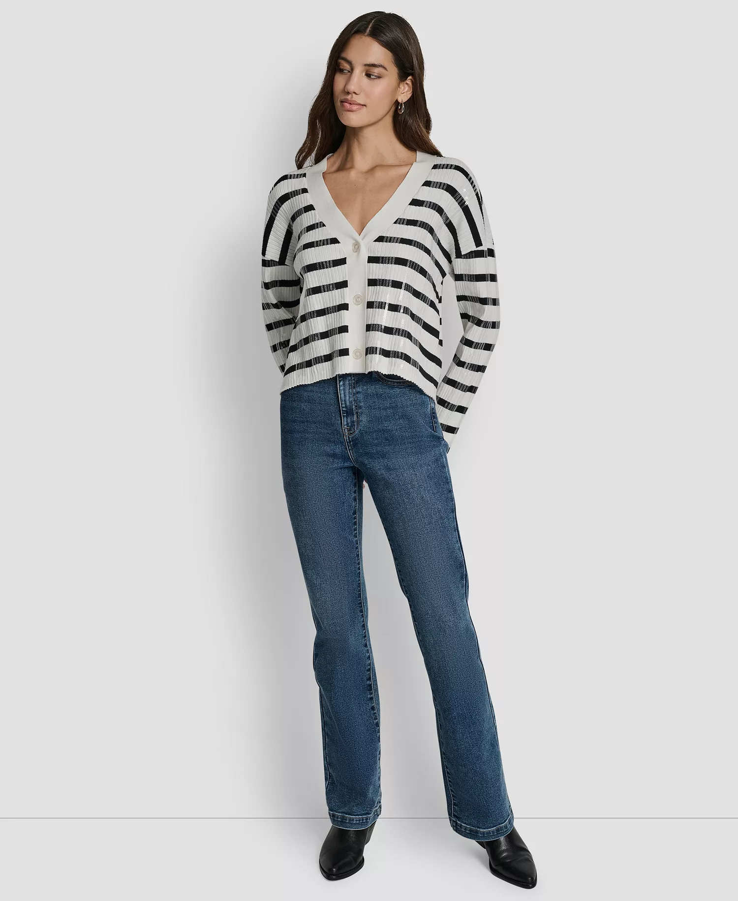 mni-cf1ffaa45f1044f2e360fb511615e15c Women's Striped Sequin & Stripe V-Neck Boxy Cropped Long-Sleeve Cardigan Sweater