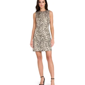 Women's Metallic Leopard Print Crew Neck Sheath Dress