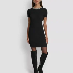 Women's Short-Sleeve Embellished Neck Short Dress