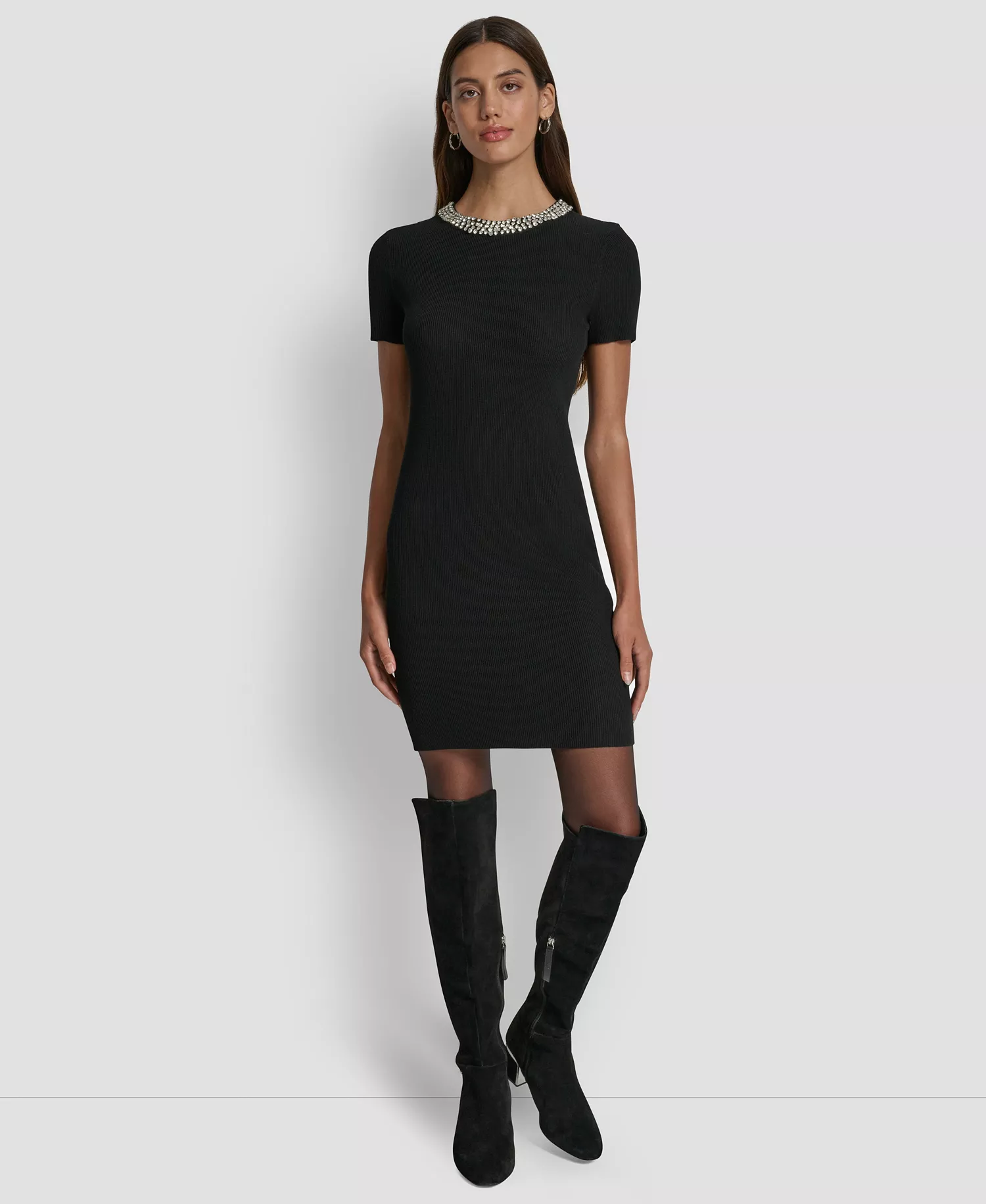 mni-d0387b9159a16146ba4f1db73af0f797 Women's Short-Sleeve Embellished Neck Short Dress