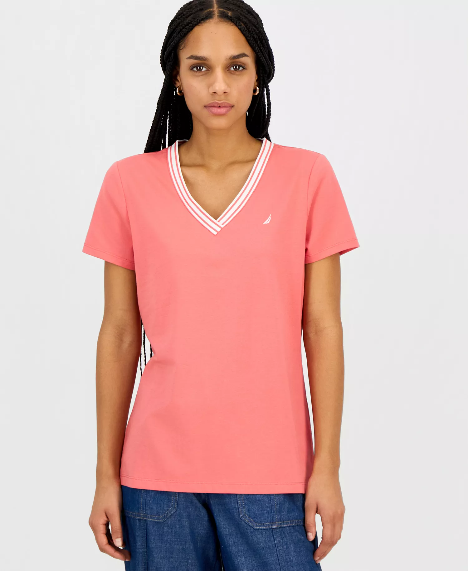 mni-d1c6b20db53f2b956492bc388fc565bf Women's Solid Stripe-Trim V-Neck — изображение 10