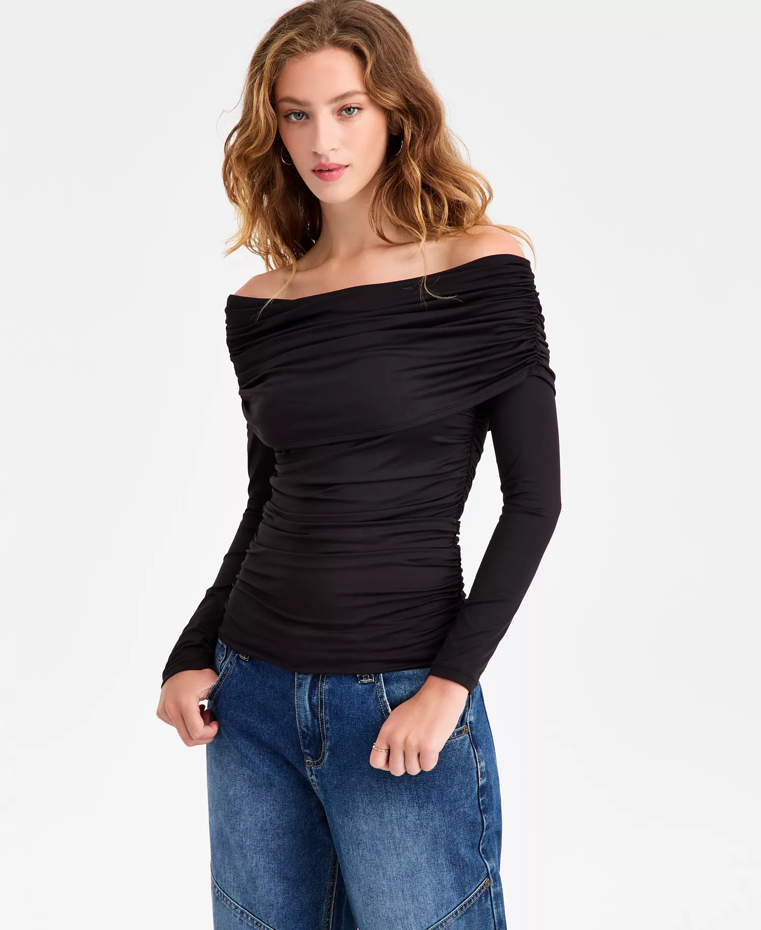 mni-d2e1c6b1715a7df13beff066daaeccc3 Women's Off-The-Shoulder Ruched Knit Top, Macy's Exclusive