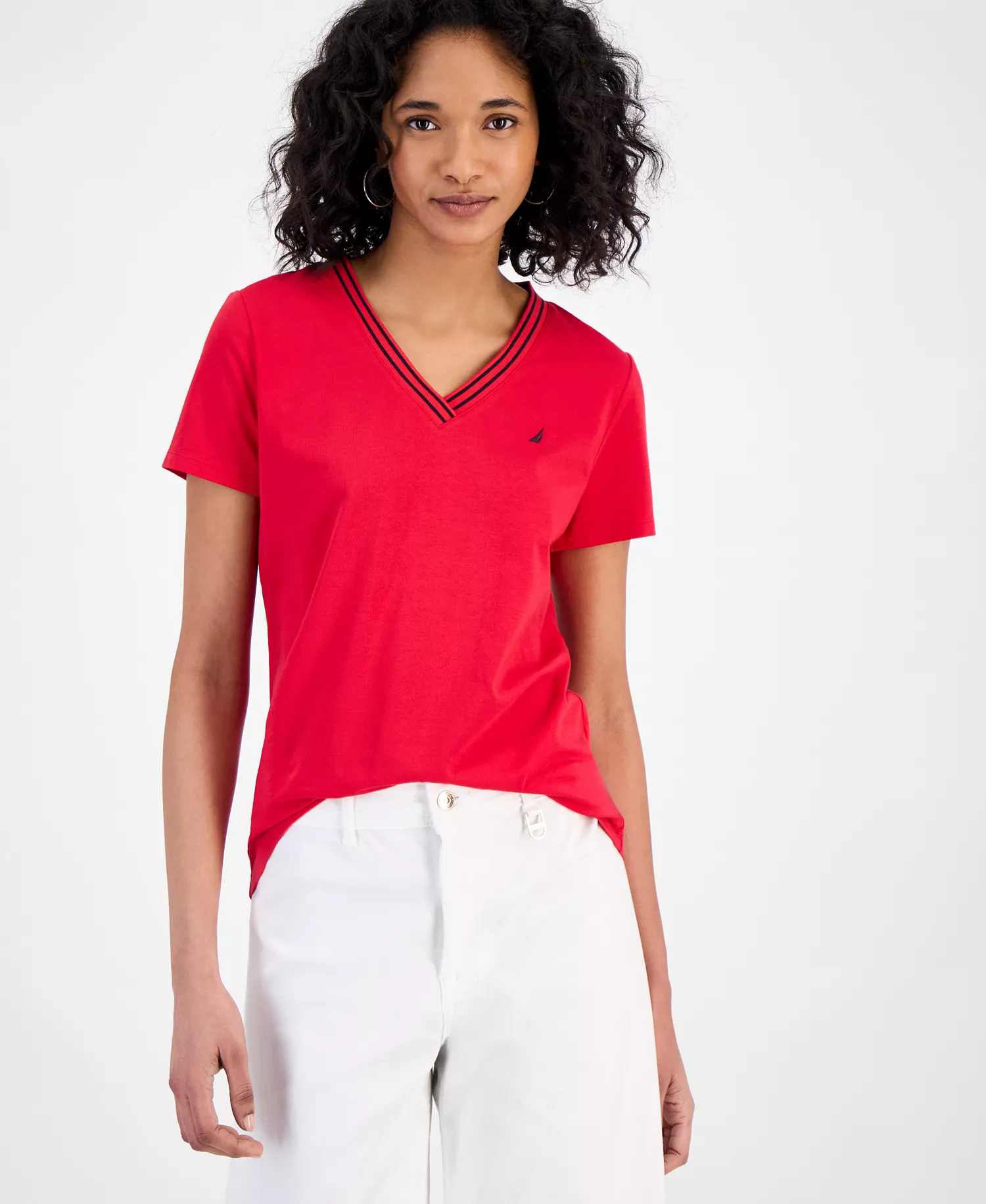 mni-d3c5ba60bb903758afef81d5df4fb3f0 Women's Solid Stripe-Trim V-Neck — изображение 5