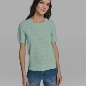 Women's Solid Pointelle Crew Neck Sweater