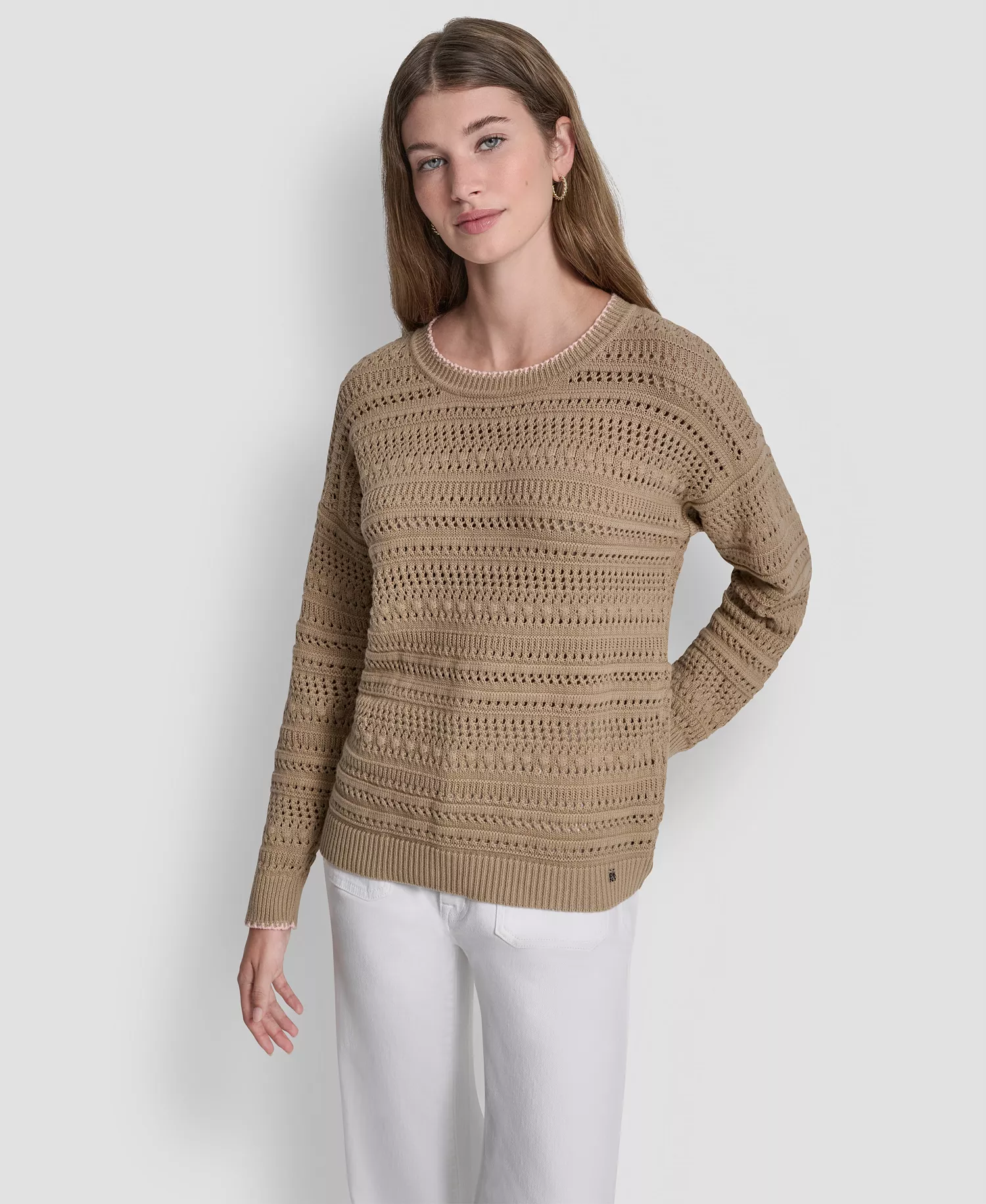 mni-d4274bbdf19b9aaffd35adab8f1c84d0 Women's Crew Neck Long-Sleeve Tipped Pointelle Sweater — изображение 3