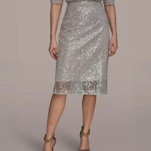 Women's Sequin Detail Mesh Pencil Skirt