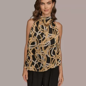Women's Pleated Shoulder Novelty Burnout Halter Top